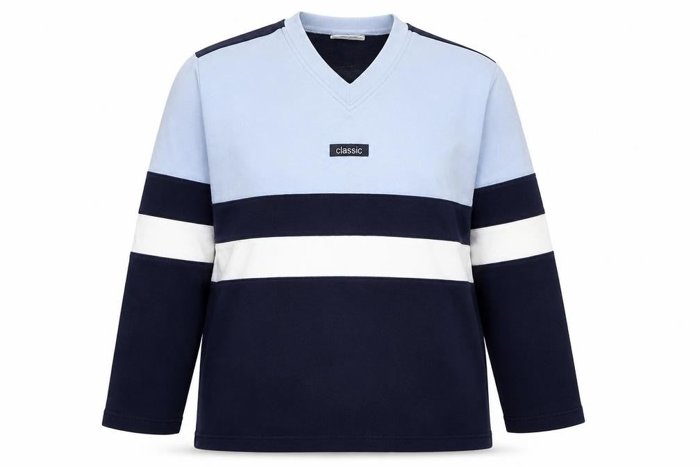 Front view of Cotton Republic unisex blue colourblock sweatshirt, size 18