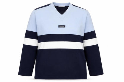 Front view of Cotton Republic unisex blue colourblock sweatshirt, size 18