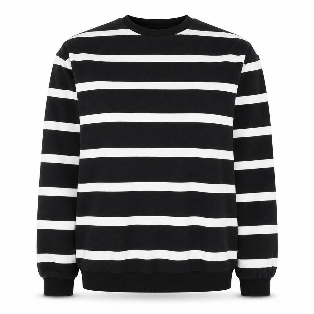 Front view of ASOS unisex black striped pullover sweatshirt, size 12