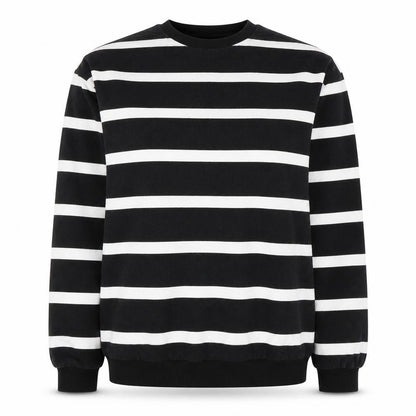 Front view of ASOS unisex black striped pullover sweatshirt, size 12