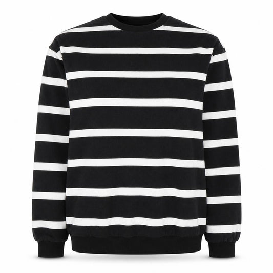 Front view of ASOS unisex black striped pullover sweatshirt, size 12
