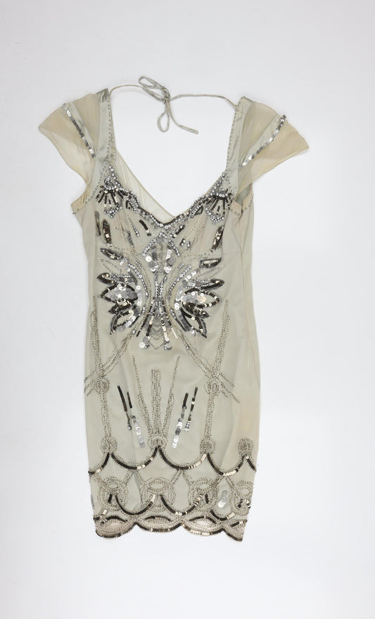 Karen Millen Beige Sequin Bodycon Dress Size 12