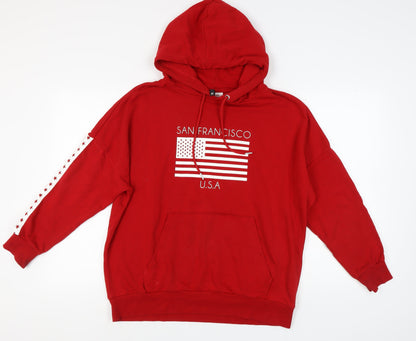 H&M Unisex Red Pullover Hoodie, M, Graphic Print