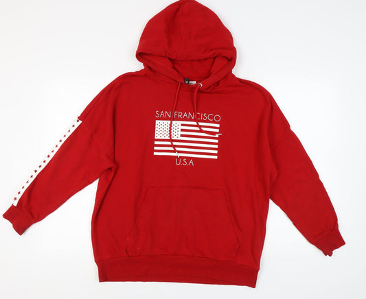 H&M Unisex Red Pullover Hoodie, M, Graphic Print