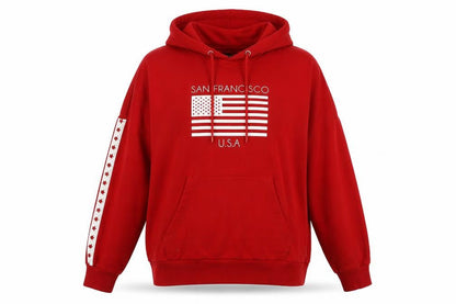Front view of H&M unisex red pullover hoodie, m, graphic print
