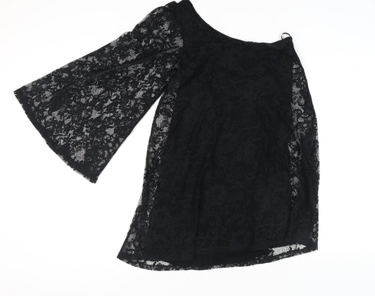 Warehouse Women's Black Lace A-Line Dress, UK 6, Asymmetric Bell Sleeves