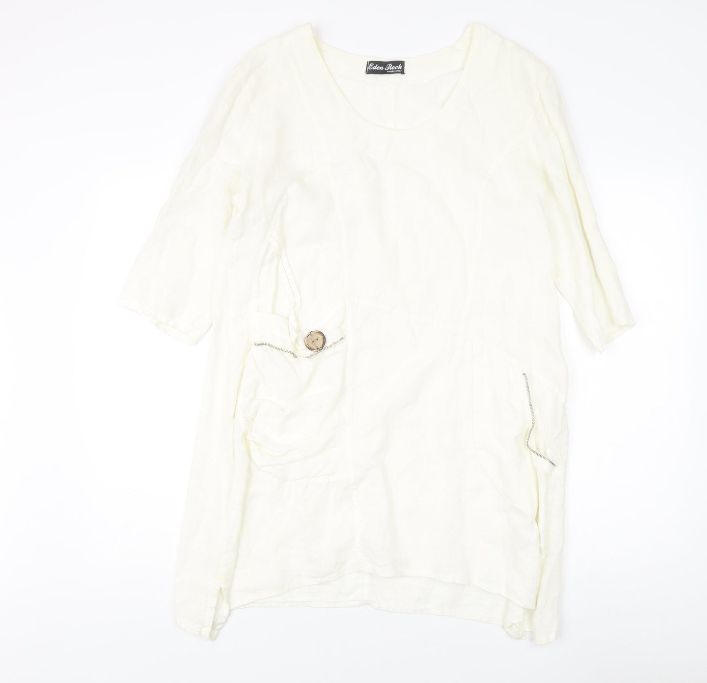Eden Rock Ivory Linen Dress Women's M 3/4 Sleeve
