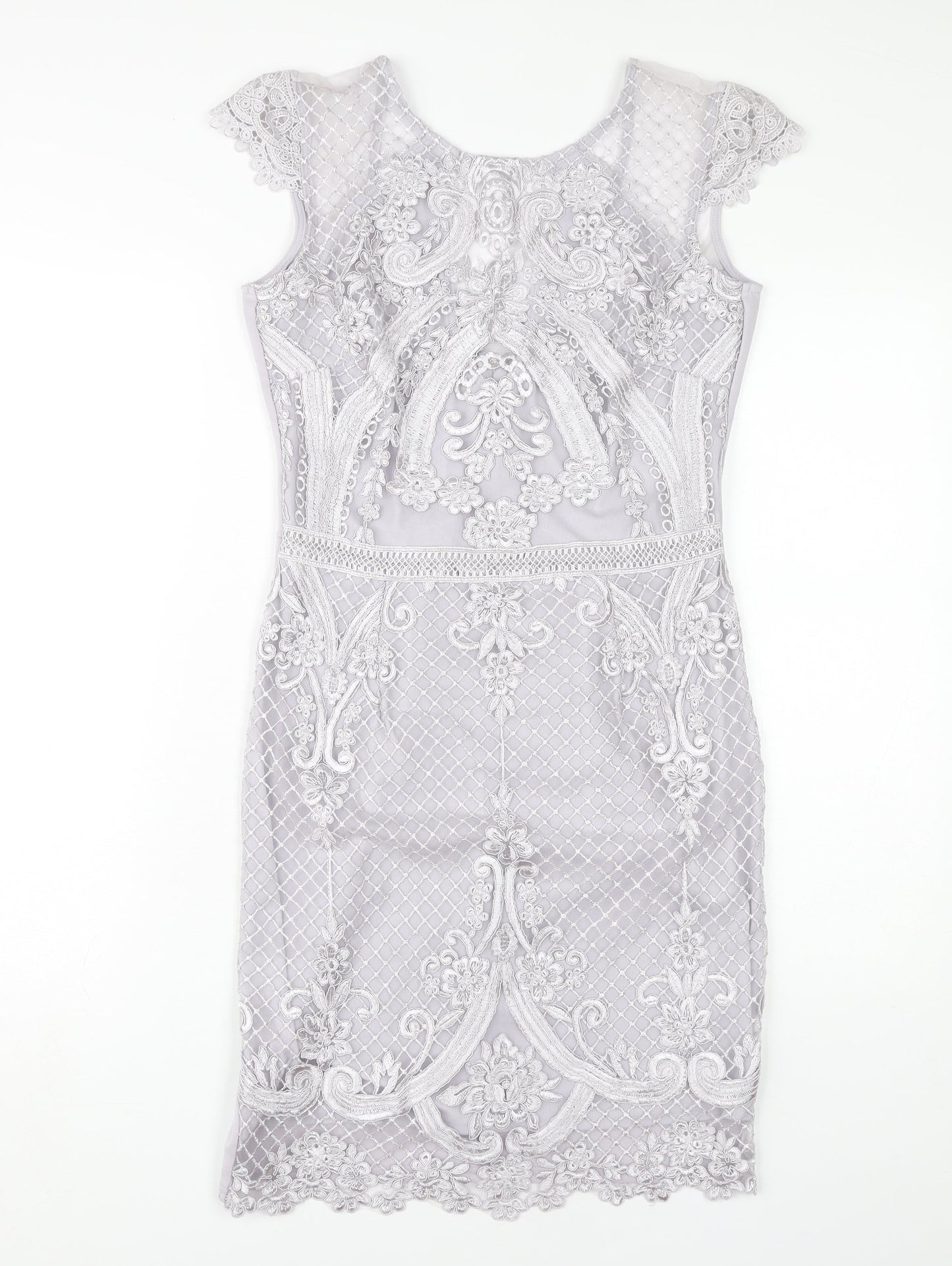 Lipsy Women's Grey Lace Bodycon Dress Size 12