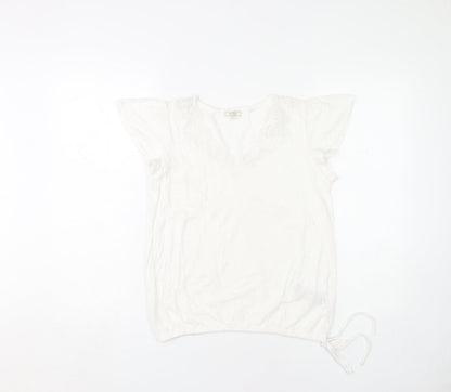 Fat Face Women's White Crochet V-Neck T-Shirt S