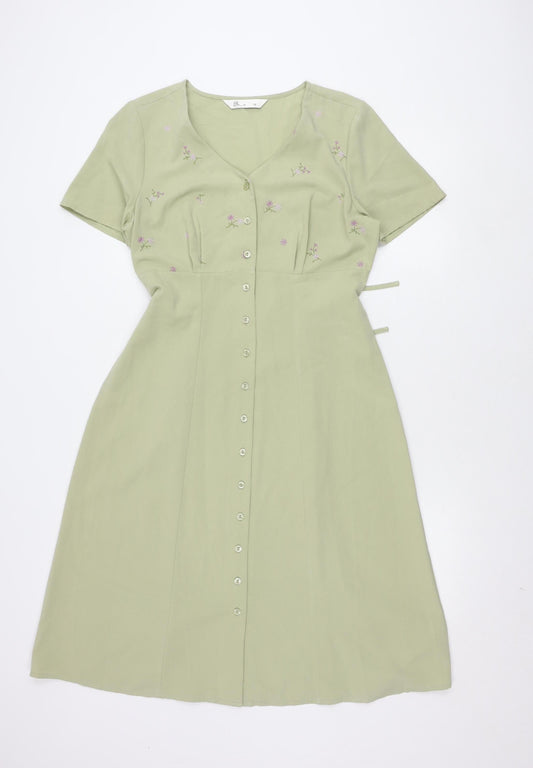 BHS Women's Green Floral Embroidered Dress Size 12