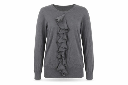 Front view of Laura Ashley Grey jumper, size 10, Ruffle Accent