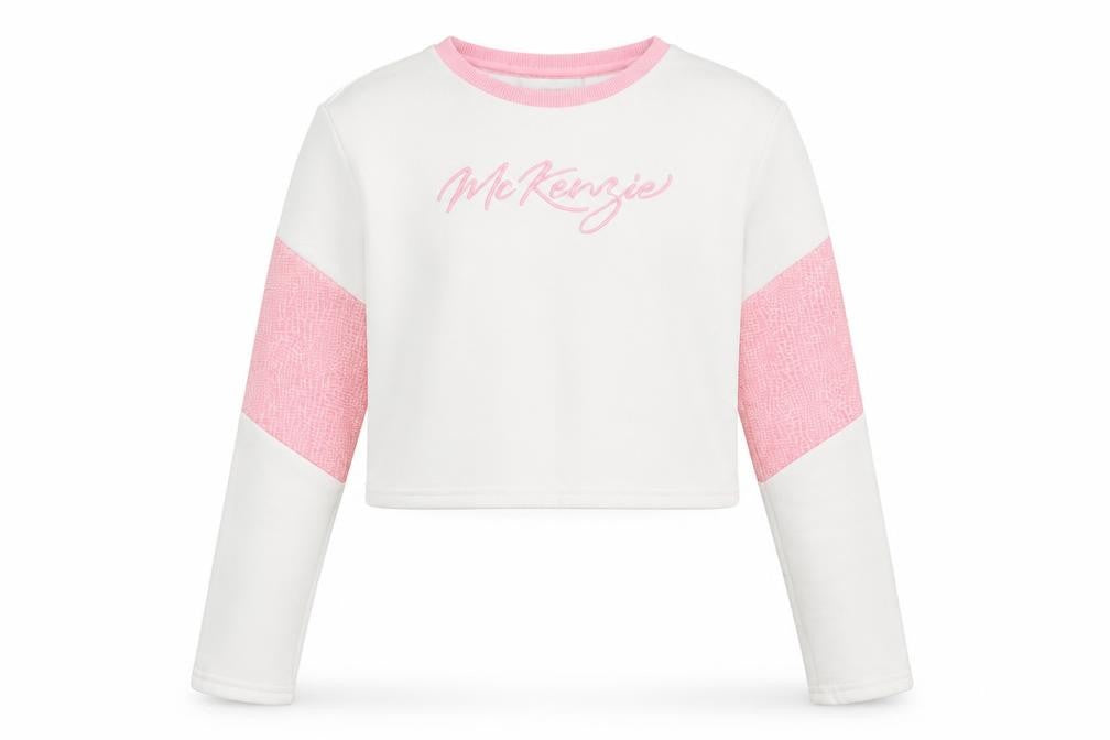 Front view of McKenzie girls’ white pink sweatshirt 12-13 years logo crew neck