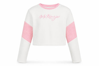 Front view of McKenzie girls’ white pink sweatshirt 12-13 years logo crew neck