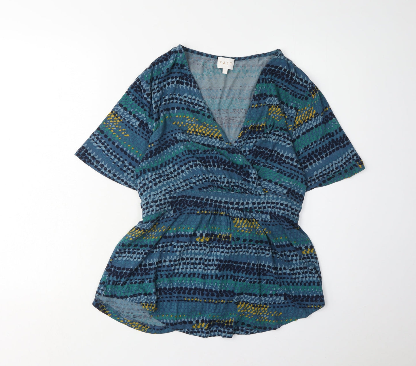 EAST Women's Blue Geometric Wrap Top Size S
