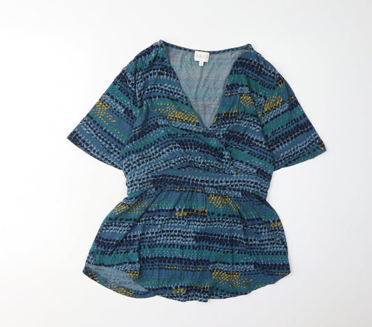 EAST Women's Blue Geometric Wrap Top Size S