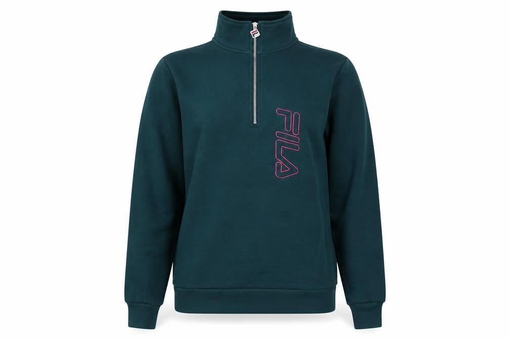 Front view of Fila Green Medium unisex 1/4 zip logo henley sweatshirt
