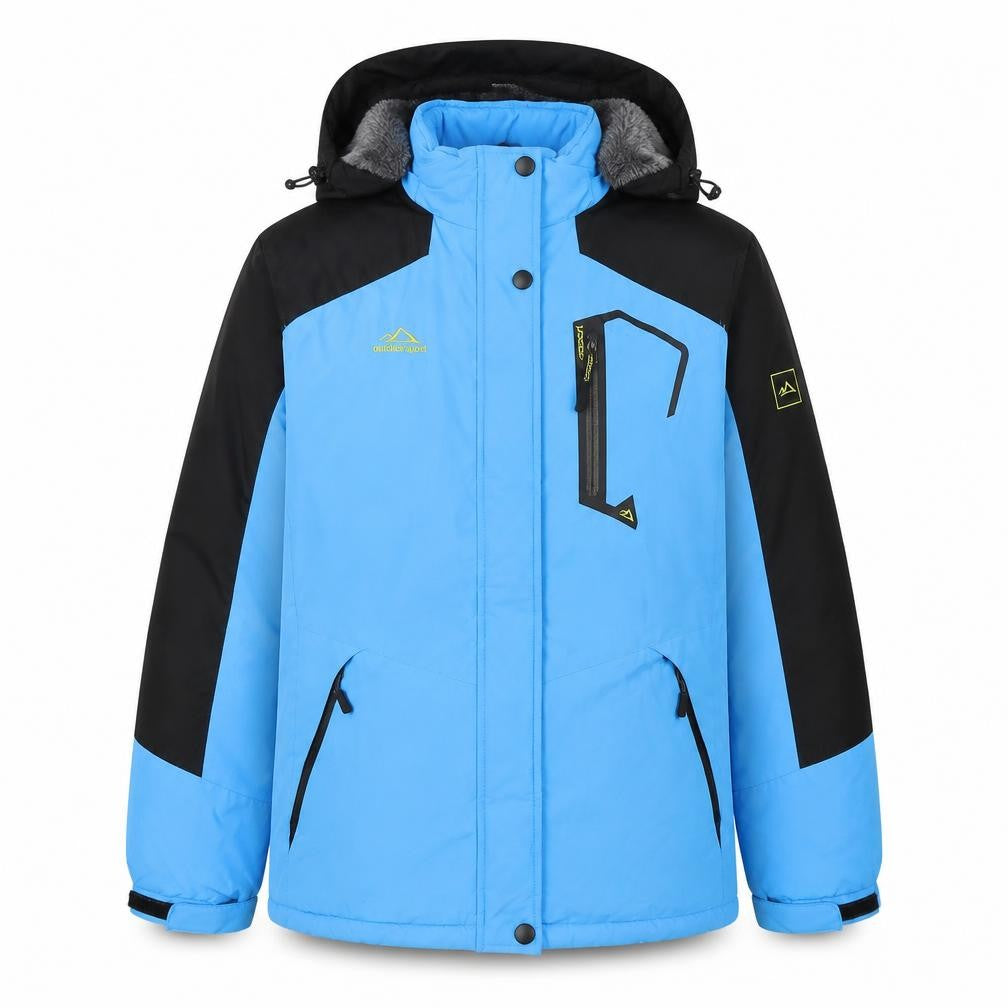 Front view of Outdoor boys’ blue & black puffer jacket with hood -, size L