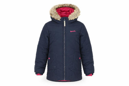 Front view of Bench girls’ blue puffer jacket, 5-6 years, hooded and lined