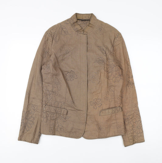 East Women's Beige Floral Embroidered Linen Jacket Size 12