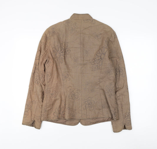 East Women's Beige Floral Embroidered Linen Jacket Size 12