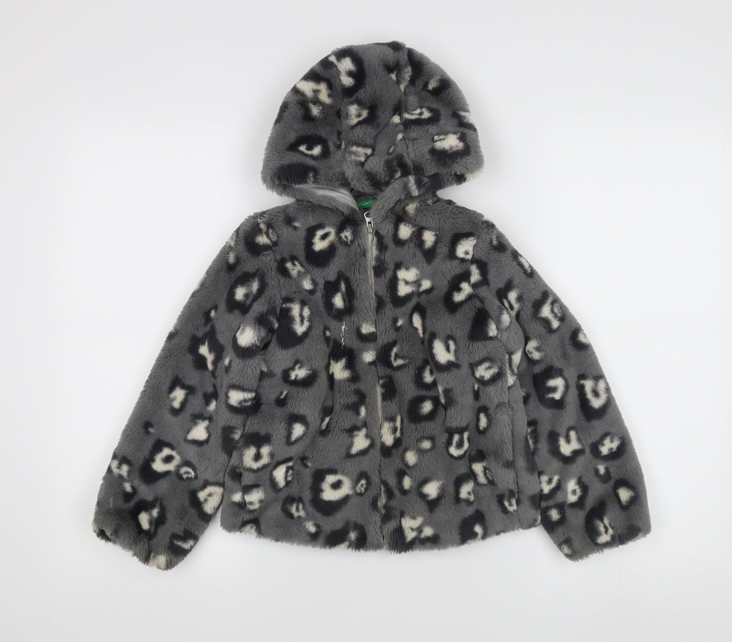 Benetton Girls Grey Faux Fur Hooded Puffer Jacket 6-7 Years