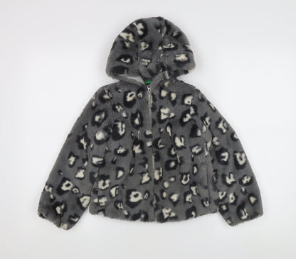 Benetton Girls Grey Faux Fur Hooded Puffer Jacket 6-7 Years