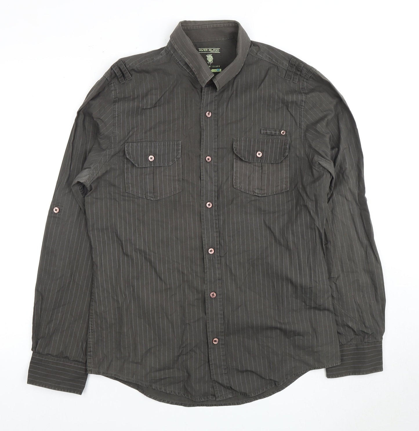 River Island Men's Grey Striped Cotton Shirt L