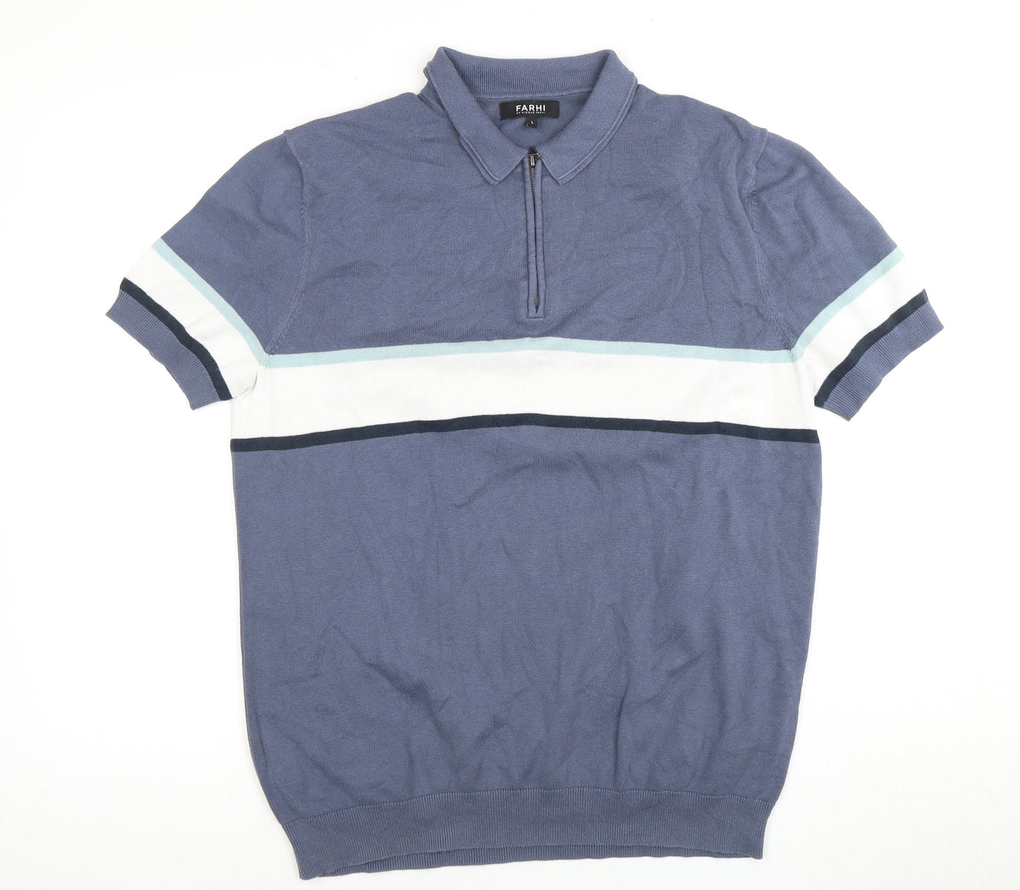 Farhi Men's Blue Cotton Polo L Casual Colourblock