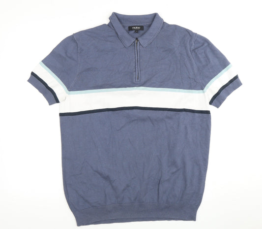 Farhi Men's Blue Cotton Polo L Casual Colourblock