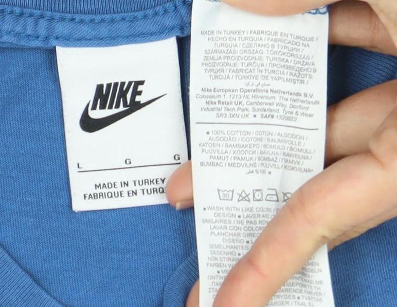 Nike Men's Blue Crew Neck Short Sleeve Logo T-Shirt - L