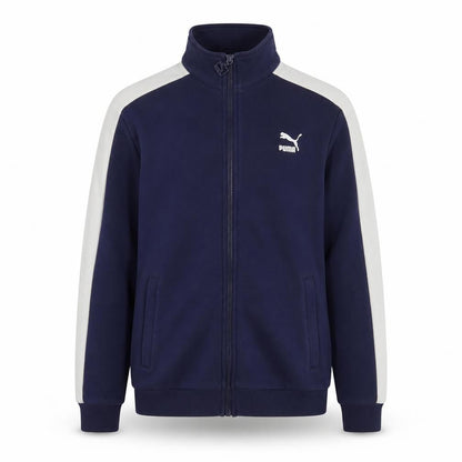 Front view of Puma boys’ blue xl track jacket with logo accents