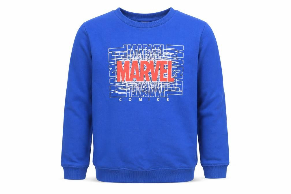Front view of Marvel boys’ blue sweatshirt, graphic print, size M