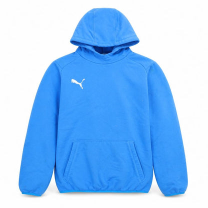 Front view of Puma boys’ blue hoodie, size L, pullover style, logo accent