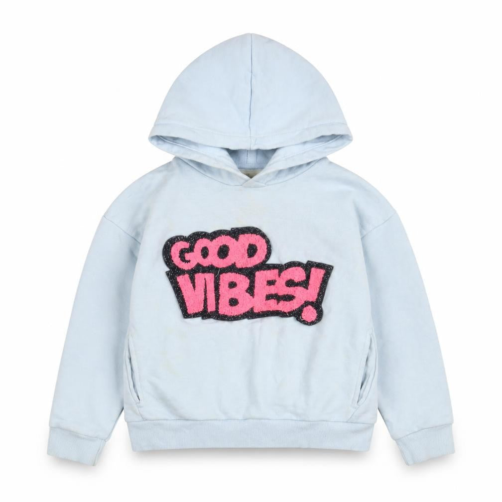 Front view of Zara girls’ blue hoodie, size 8, graphic pullover sweatshirt