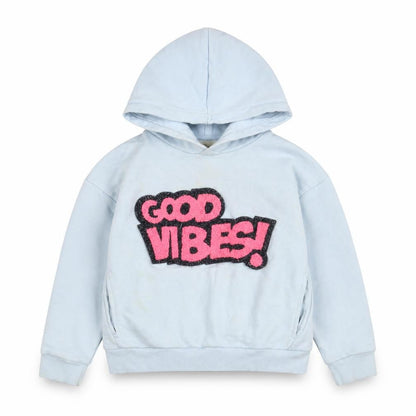 Front view of Zara girls’ blue hoodie, size 8, graphic pullover sweatshirt