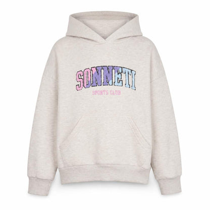 Front view of Sonneti girls’ beige hoodie - 8-10, pullover, graphic print