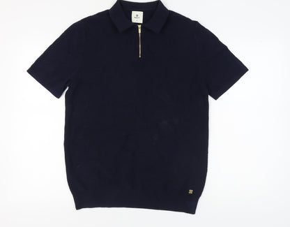 Next Men's Blue Cotton Polo Shirt with Zip, Medium