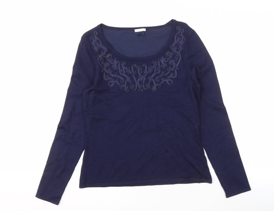 Jacques Vert Women's Embroidered Blue Long Sleeve Top