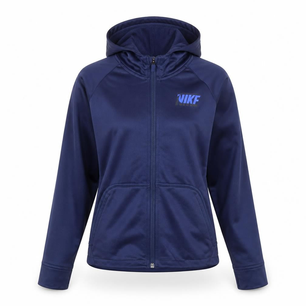 Front view of Nike unisex blue therma-fit hooded jacket, m