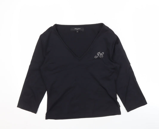 Jasper Conran Women's Black V-Neck T-Shirt, L, Rhinestone Accents