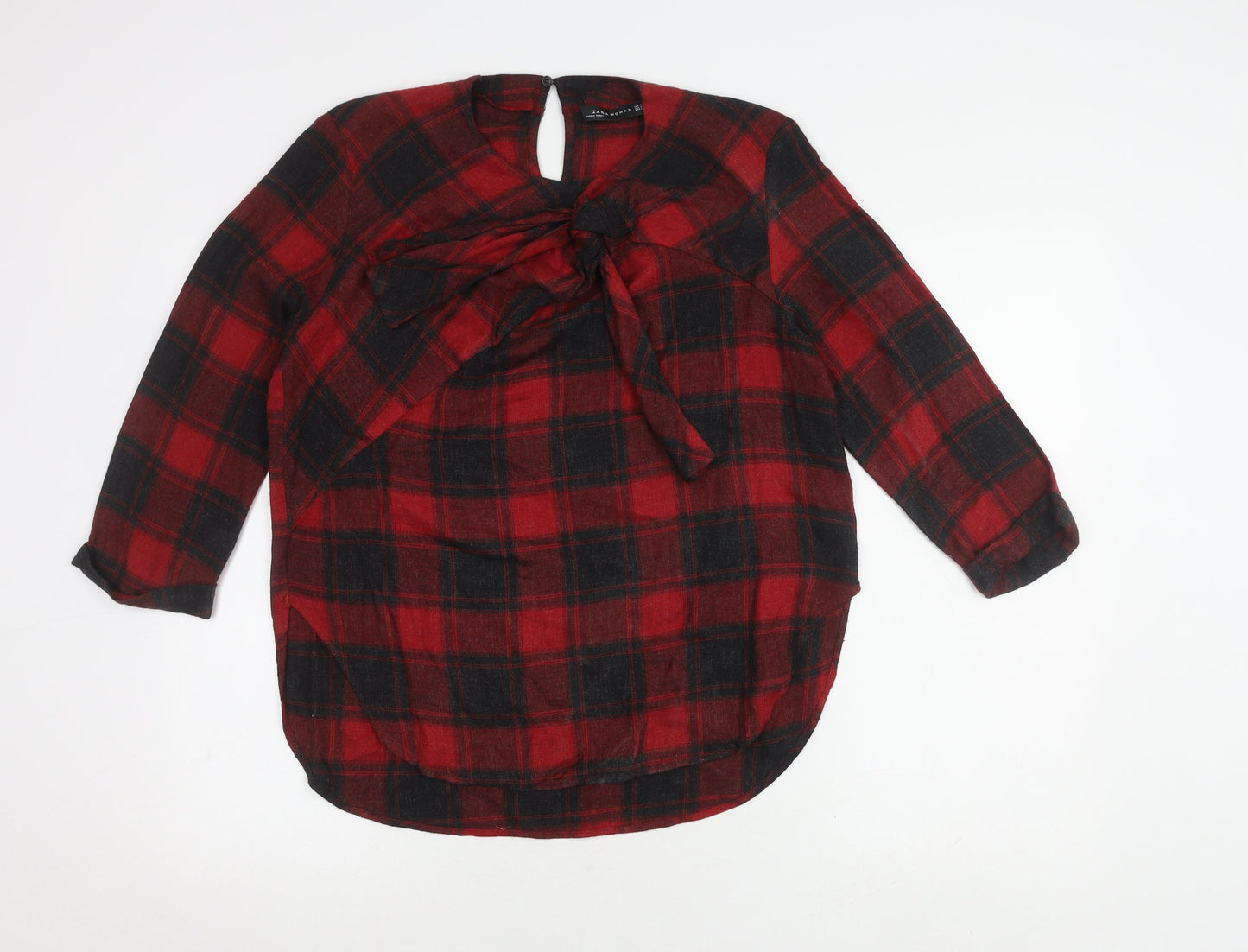Zara Woman Red Plaid Bow Blouse, Size 12, Long Sleeve