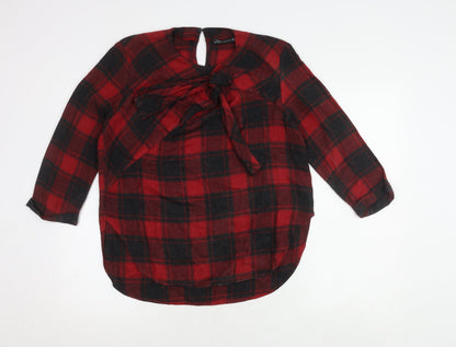 Zara Woman Red Plaid Bow Blouse, Size 12, Long Sleeve