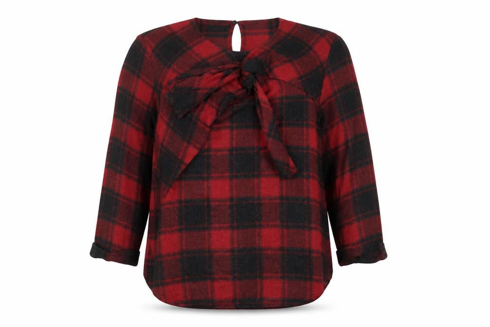 Front view of Zara Woman Red Plaid Bow Blouse, size 12, Long Sleeve