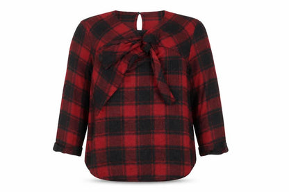 Front view of Zara Woman Red Plaid Bow Blouse, size 12, Long Sleeve