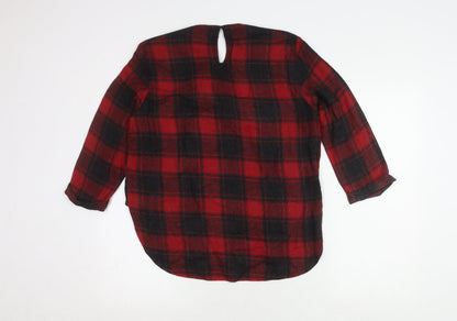 Zara Woman Red Plaid Bow Blouse, Size 12, Long Sleeve