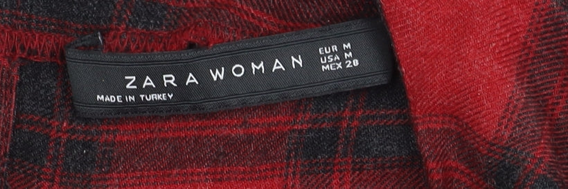 Zara Woman Red Plaid Bow Blouse, Size 12, Long Sleeve