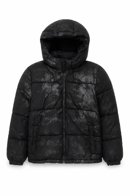 Front view of H&M boys’ black puffer jacket 10 winter hooded zip