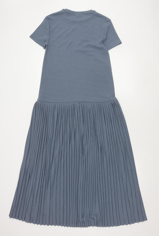 Topshop Women Blue Midi Dress UK 6 Short Sleeve Pleated