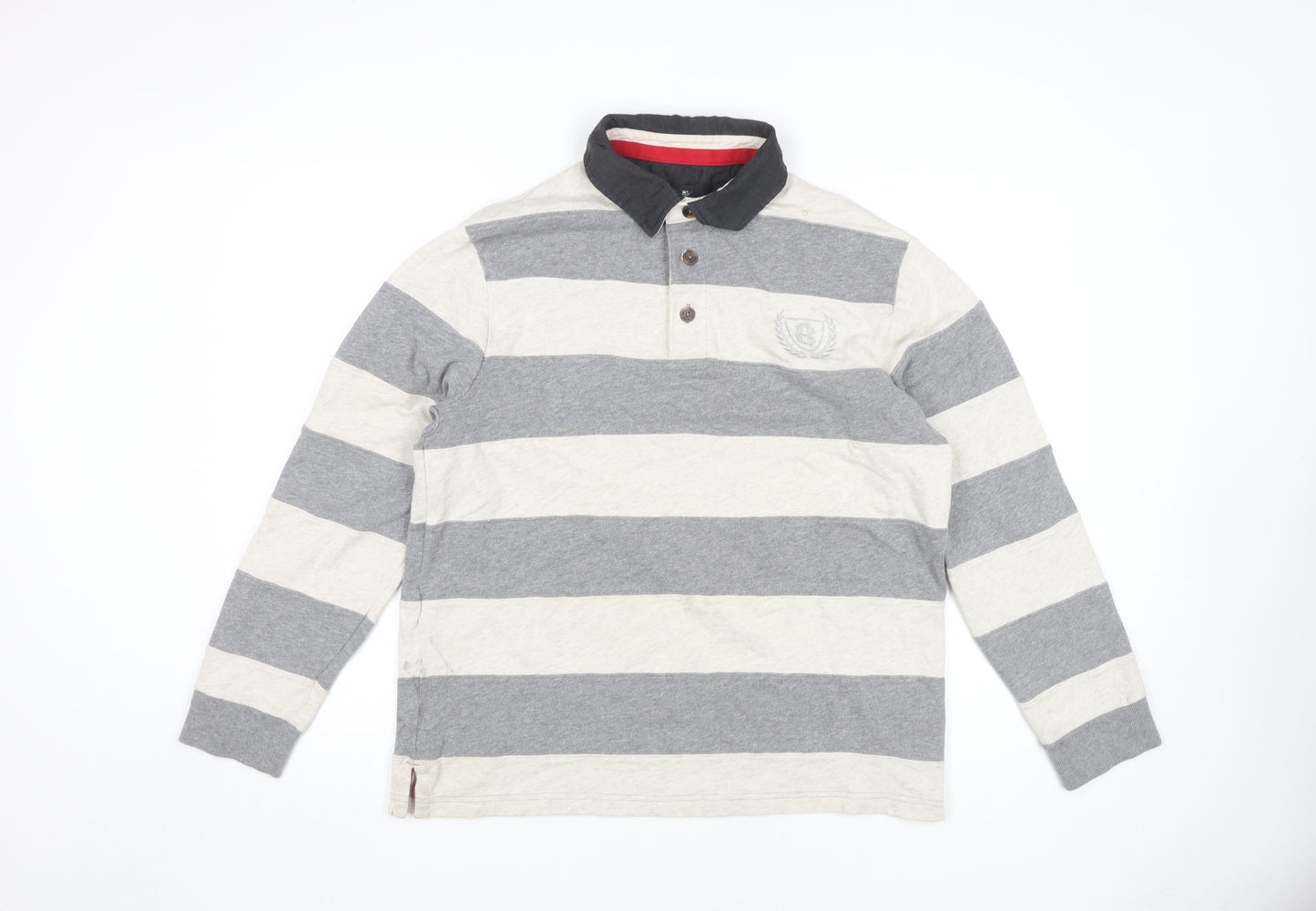 Marks and Spencer Men's Grey Striped Long Sleeve Polo M