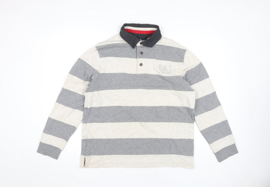 Marks and Spencer Men's Grey Striped Long Sleeve Polo M